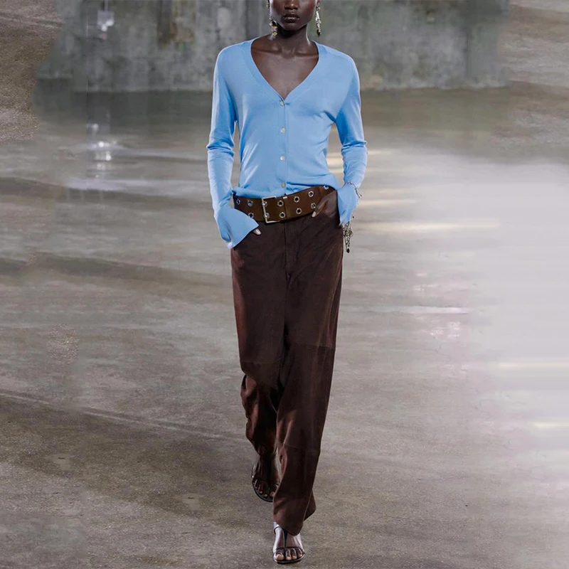 2025 été nouveau Sle femmes Faion trajet aiguille Fine tricoté Jaet coupe ample longue Sve v-ne Polyester Fiber Cardigan