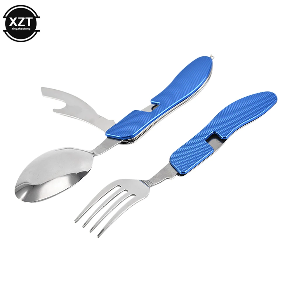 Stainless Steel 4-In-1 Foldable Tablespoon Set Spoon Knife Fork Bottle Opener Folding Pocket Kits Outdoor Tableware Set