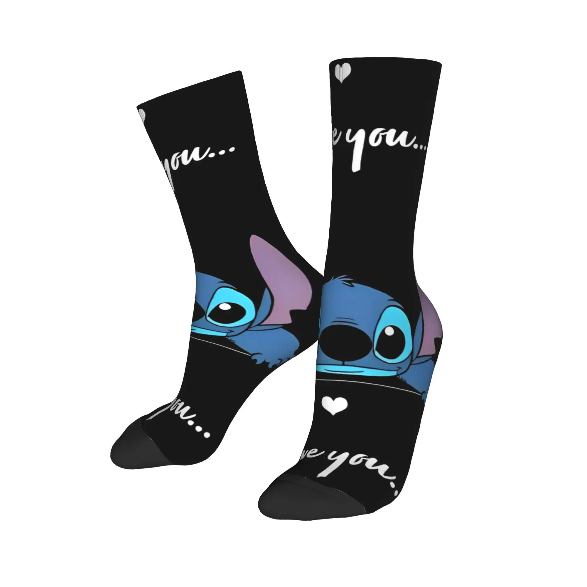 Funny Lilo & Stitch I Love You Basketball Socks Cartoon Cute Polyester Crew Socks for Unisex Sweat Absorbing