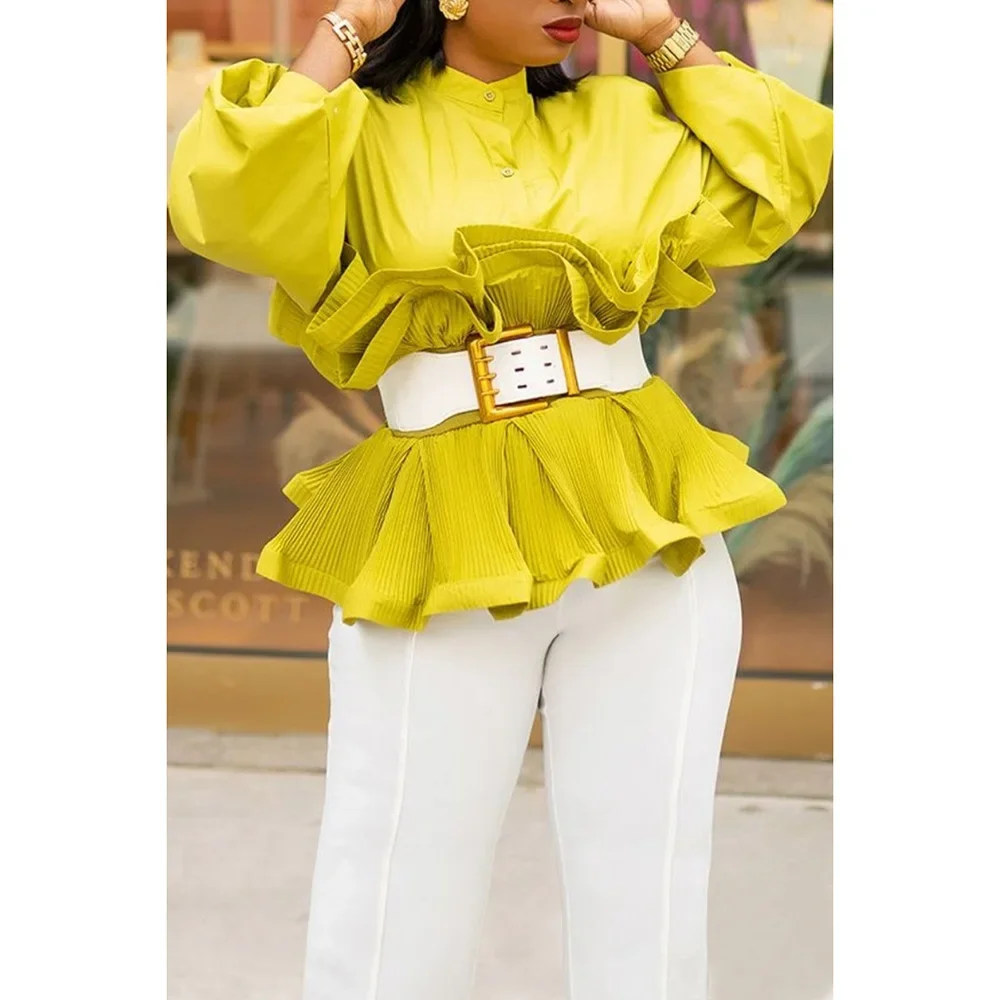 Plus Size Yellow Solid Daily Stand Collar Ruffled Lantern Sleeves (No Belt) Blouses