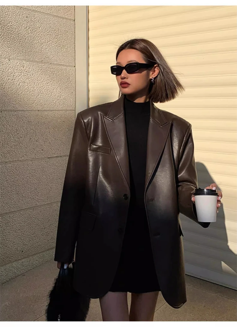 Lautaro Autumn Black Brown Soft  Pu Leather Blazer Women Shoulder Pads Long Sleeve Single Breasted Loose Casual Korean Fashion