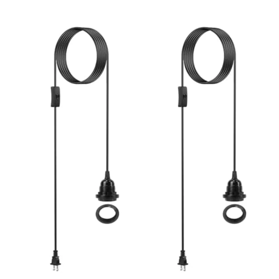 Plug in Pendant Light 15Feet 2 Pack, Hanging Lights with Plug in Cord, E26/E27 Socket Hanging Lamp Light Cord, Black Extension