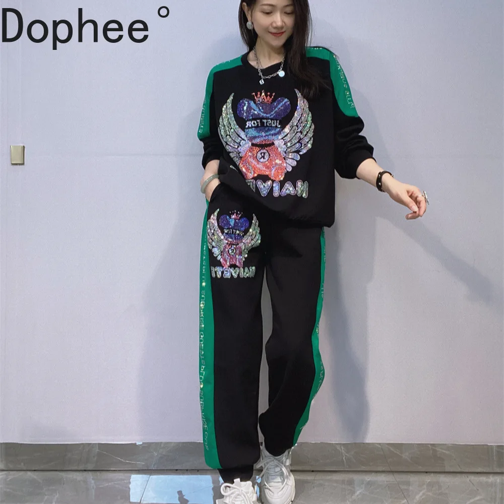 

Trendy Spring Autumn Hoodie Sets for Women Shiny Cartoon Hot Drilling Round Neck Pullover Sweater Top + Casual Sports Pants Suit