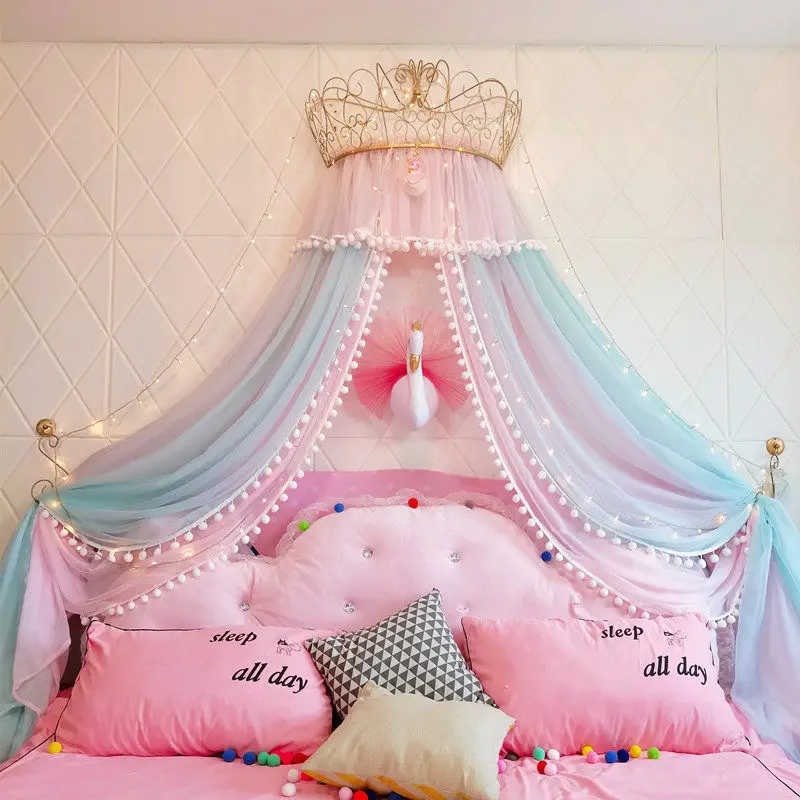 

Princess bed mantle bed curtain household bedroom decorative yarn cute pink girl universal hairball European court with crown