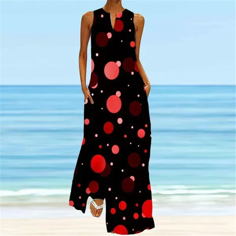 Fashion Round Dot Pattern Women Long Dresses Summer Sleeveless 3D Printed Street Ladies Maxi Dress 3XL Plus Size Casual Dress