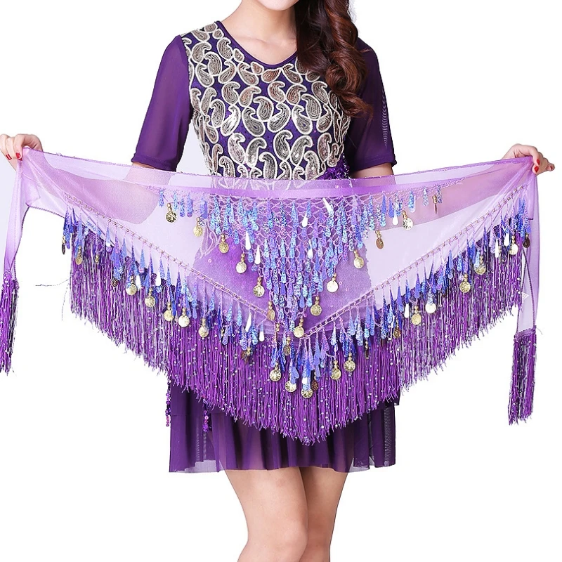 Women\'s Belly Dance Belt Colorful Waist Belly Dance Tassels Triangle Hip Scarf With Coin Sequins