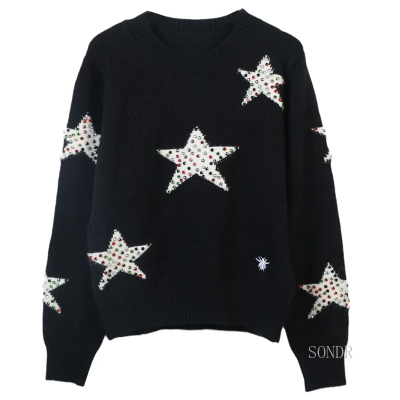 

Five-pointed Star Beading Jacquard Sweater Women 2023 Fall Winter Tops Female Pullover with Long Sleeve Loose Short Sweater