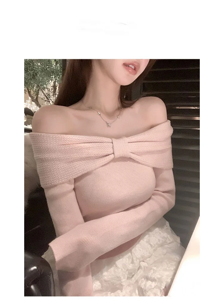

New Sweet Tie Shawl Pull Femme Slash Neck Off Shoulder With Arm Sleeves Knitted Japan Knit Slim Short Gentle Tops