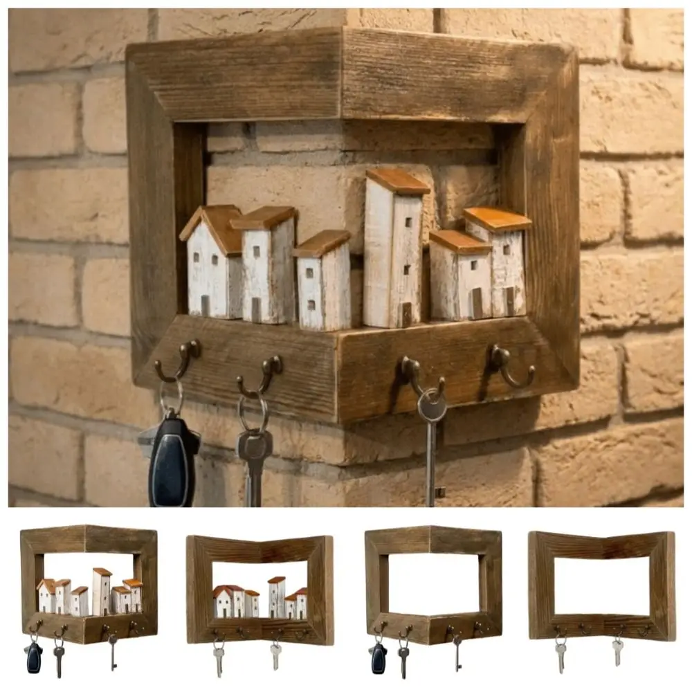 

Простая деревянная настенная вешалка для ключей в деревенском стиле, крючок для одежды на дверь с 4 крючками, креативный декоративный настенный крючок для прихожей