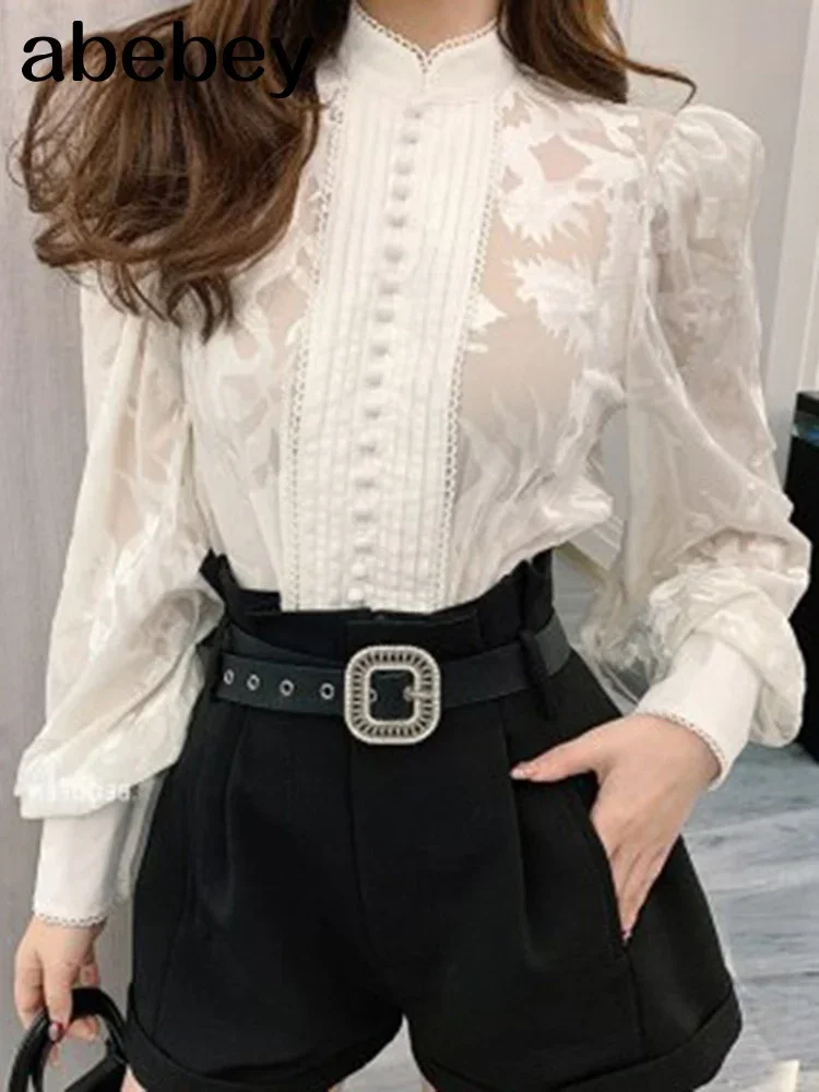 Korean Shirts For Women Stand Collar Puff Long Sleeve Patchwork Buttons Designer  Loose Blouses Female 2024 w