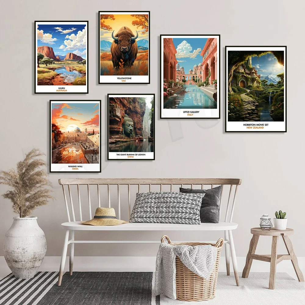 Yellowstone National Park, Leshan Giant Buddha, New Zealand, Göbekli Tepe, Switzerland, Uffizi Museum, Russian travel poster