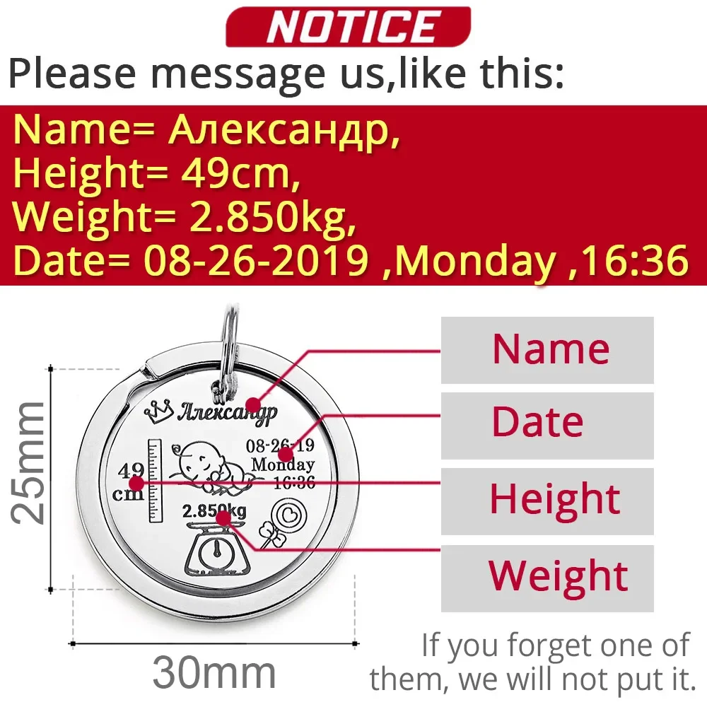 Brelok niemowlęcy spersonalizowana nazwa daty wzrostu masy urodzeniowej noworodka upamiętnia spersonalizowany brelok do nowego prezentu mamy taty