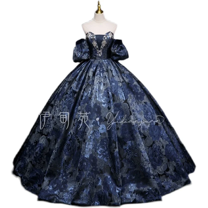 luxury navy flower beading long medieval dress ball gown dress Venice carnival gown Medieval Renaissance