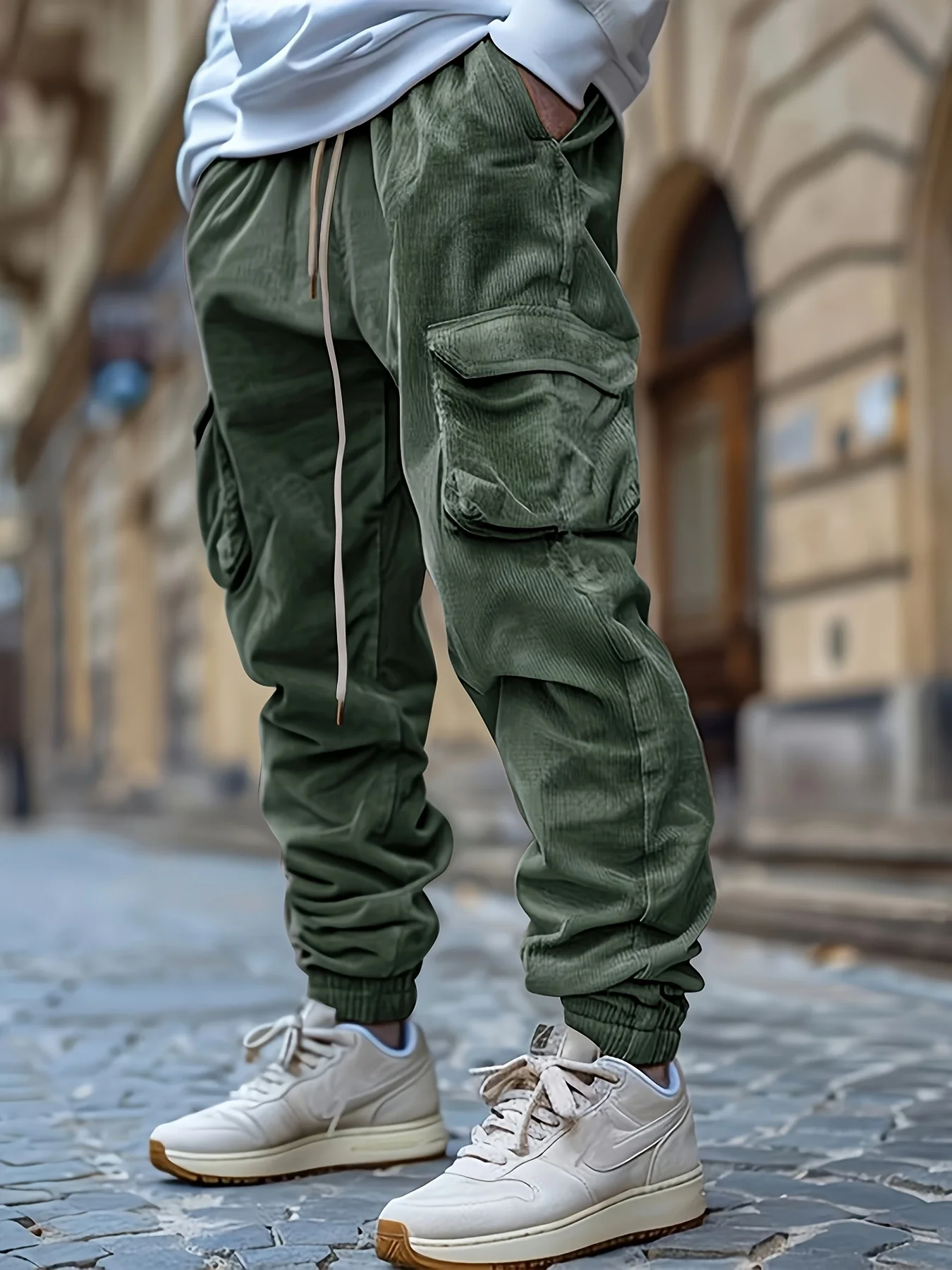 Men Vintage Corduroy Jogger Cargo Pants Drawstring Waist Elastic Ankle Cuffs Multi Flap Pockets Casual Streetwear Outdoor Trouse