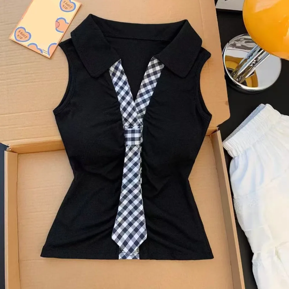 

Sweet Fake Tie Sleeveless Cotton T-shirt Patchwork Spicy Girl Style Summer Slim Crop Tops Collar Simple Women's Grid Vest Club