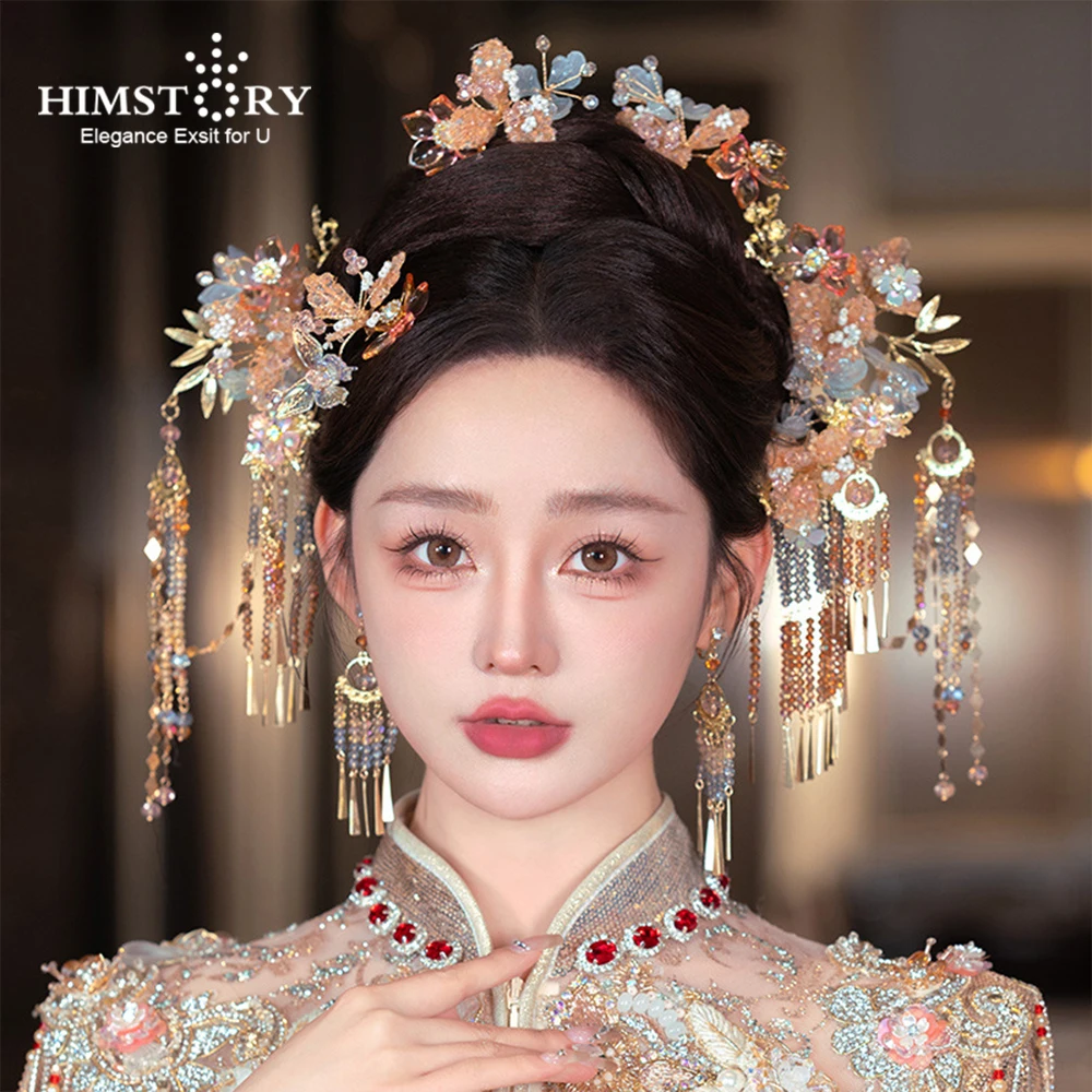 

HIMSTORY New Retro Chinese Bridal Hanfu Handmade Hair Accessories Traditional Wedding Dragon and Phoenix Tassel Costume Hairpins