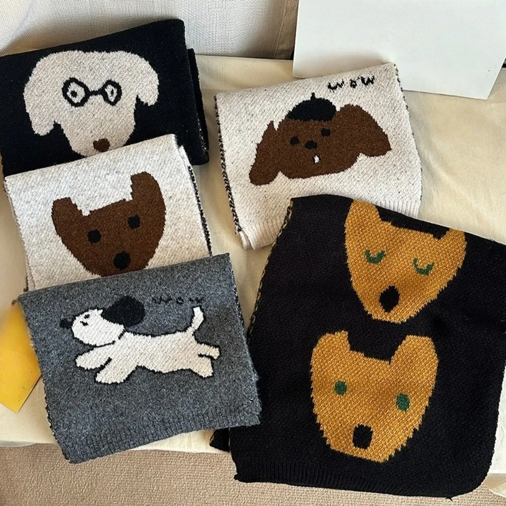 

Trendy Lightweight Puppy Pattern Scarf Windproof Korean Style Cashmere Blend Scarf Cute Warm Knitted Shawl Unisex