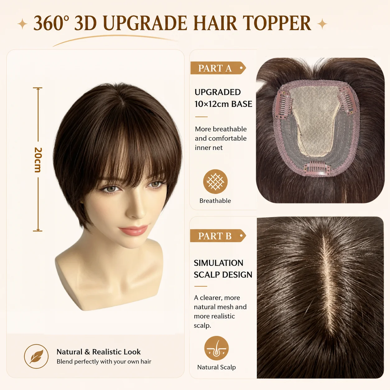 Brazilian Natural T-part Lace Base Hair Toppers for Women with 3D Bangs Clip in Hair Extension Cover Hair Loss Human Hairpiece