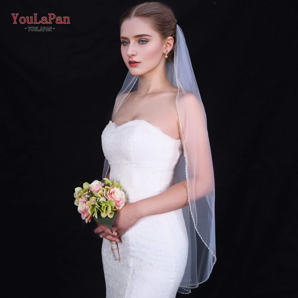 YouLaPan Wedding Veil with Crystal Edge Elbow Length Bridal Veil Pearl Beaded Eleglant 1 Tier Veils for Christian Church V197