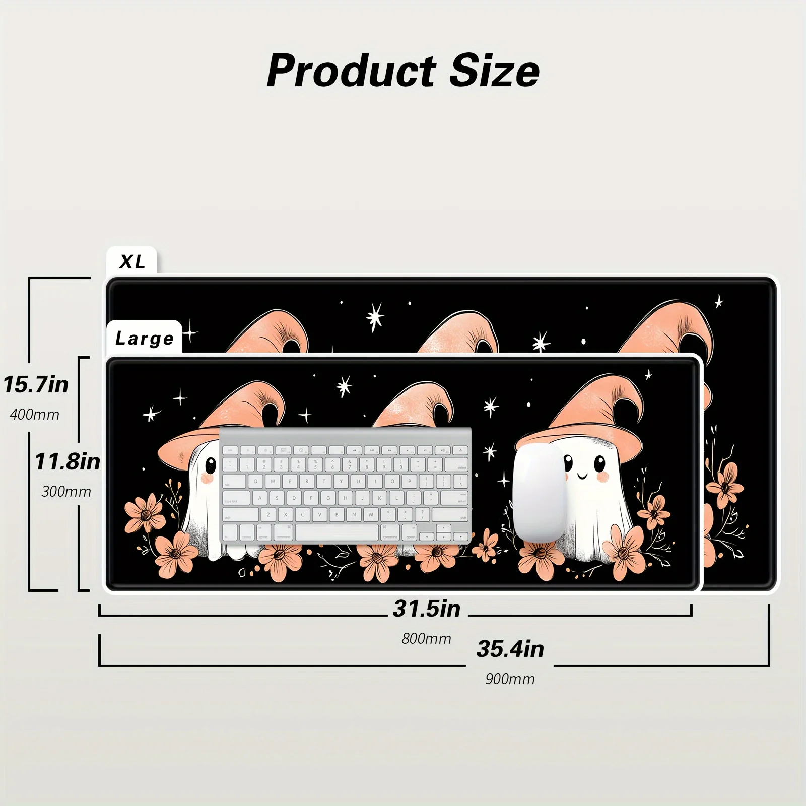 Tappetino per mouse grande a tema Halloween con base in gomma antiscivolo - Copertina per tastiera da ufficio gotica con fantasmi carini e Desi floreali