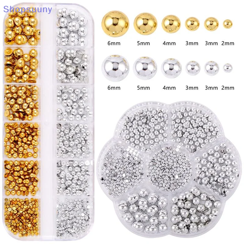[SU]12Grids Mixed Semi-circular Pearl Gold And Silver Nail Charms Nail Decor Manicure Nail Salon Accessories[SU]