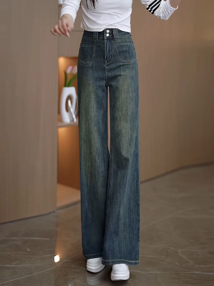 

Slim Wide Leg Denim Jeans Women's Spring Autumn High Waist Straight Cut Vintage Loose Casual Floor Length Pants