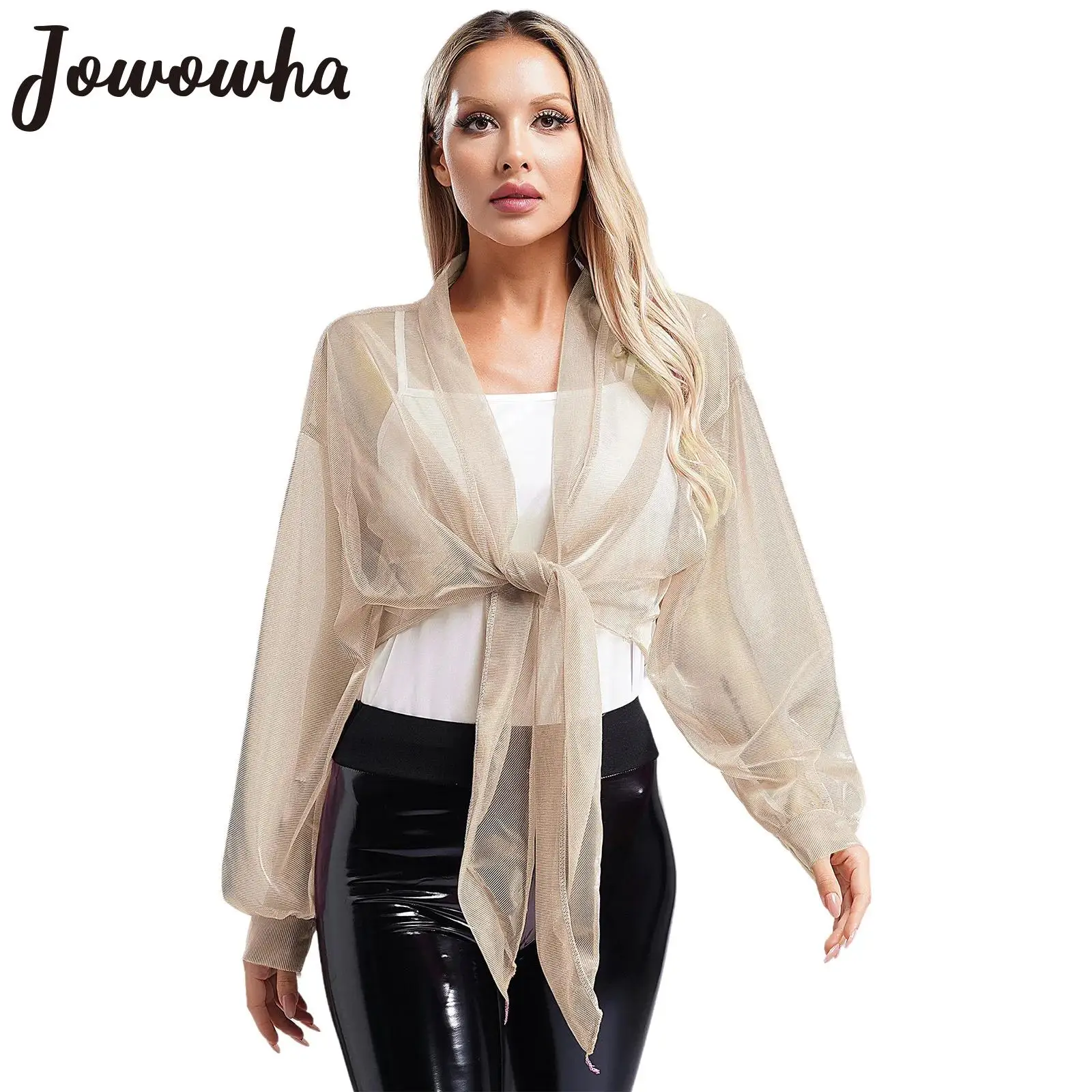 Womens Shimmering Shrug Jacket Casual Long Sleeve Open Front Lace-up Cardigan See-Through Wraps Coat Club Party Dress Outerwear