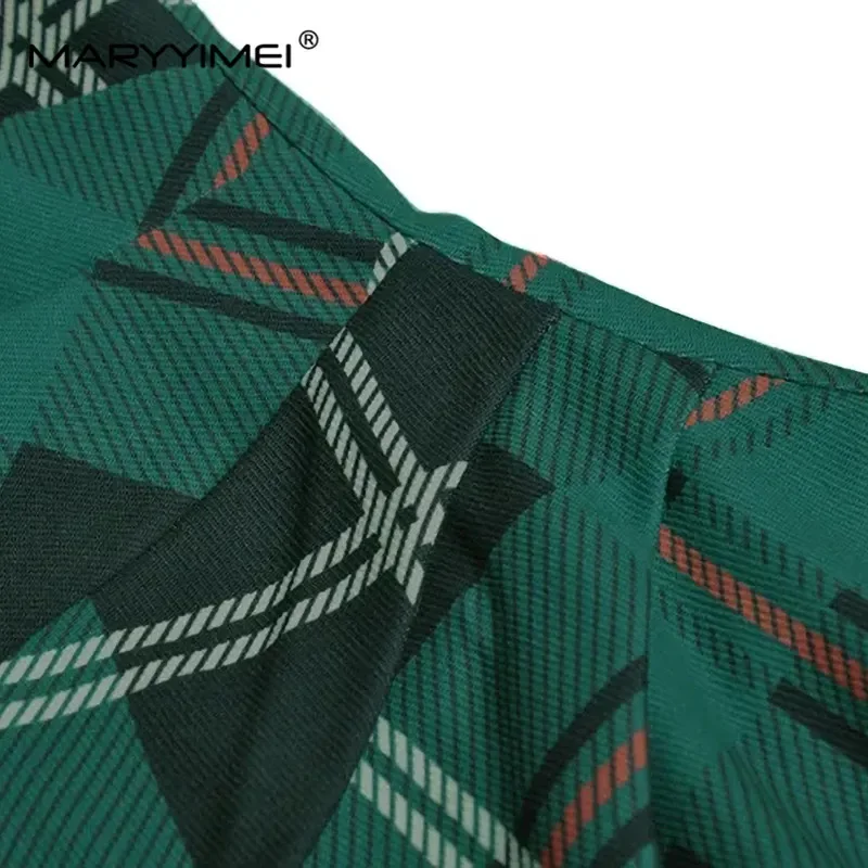 MARYYIMEI 패션 런웨이 드레스 봄 여성 드레스 긴 소매 녹색 격자 무늬 인쇄 슬림 레이디 오피스 시스 펜슬 드레스