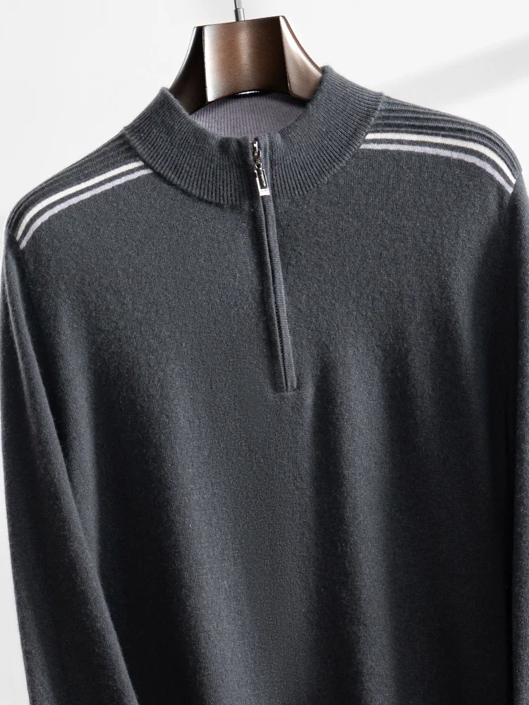 Men's Cashmere Zippers Pullovers Mock Neck Sweater Autumn Winter Smart Casual 100% Cashmere Knitwear Contrast Fold Shoulder Tops