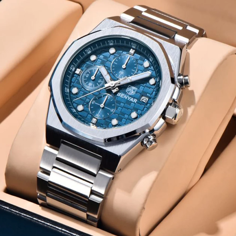 2025 BENYAR neue Herrenuhr, Luxusmarke, multifunktionaler Herren-Chronograph, Edelstahl, 30 Meter wasserdicht, Quarzuhr