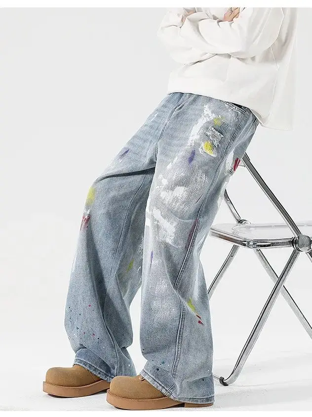 American Vintage Niche Design Graffiti Jeans Men's and Women's Loose Straight Mid Waist Dragging Pants