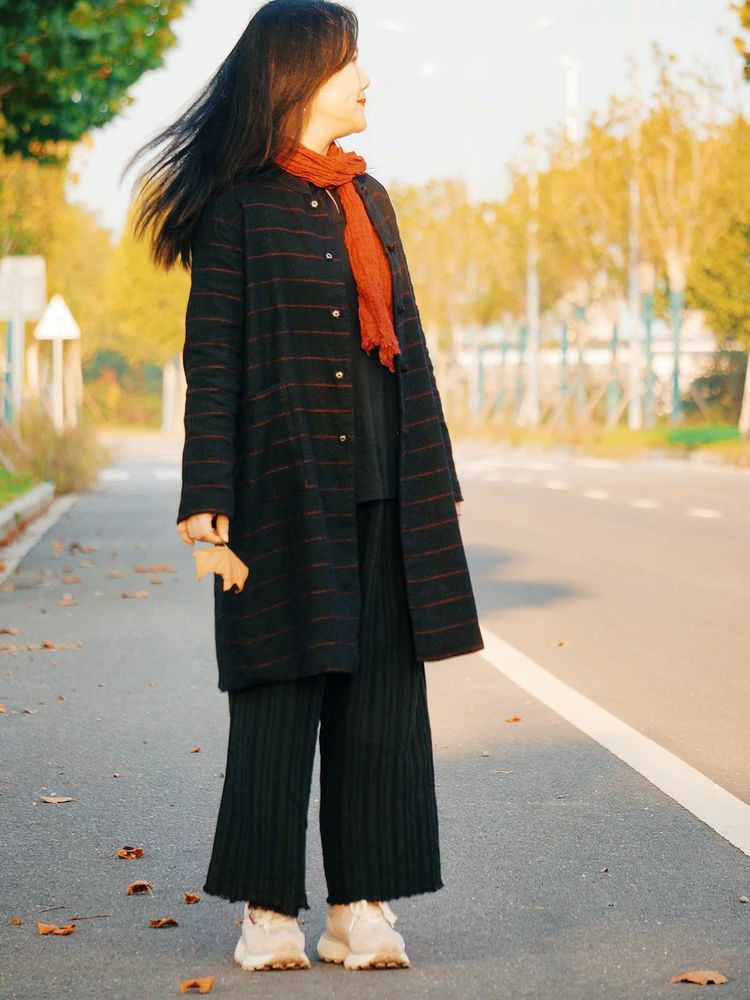 

Женское пальто Ele Commuter из шерсти и льна в китайском стиле, длинное, с воротником-стойкой, средней длины, осенняя модная верхняя одежда