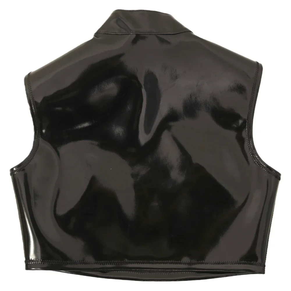 Women's Cheongsam Style Tank Tops New Cloth Latex PU Leather PVC Shiny Crop Tops Sleeveless Woman Nightclub Stage Wear Sexy