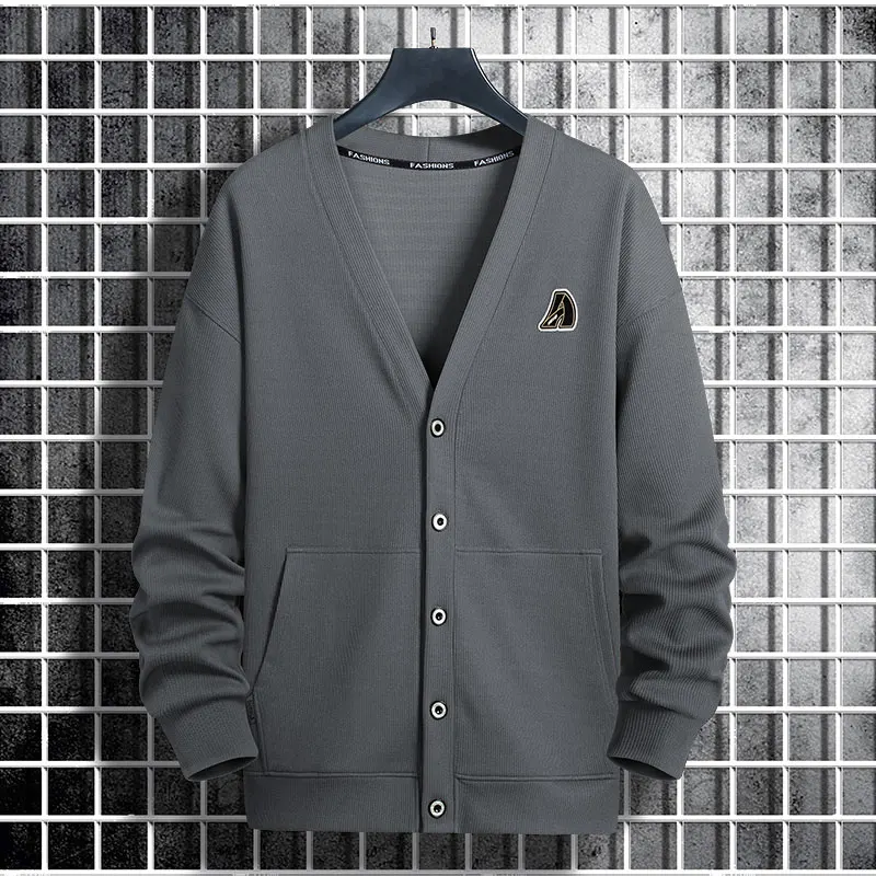 رجل فاخر حجم كبير طويلة الأكمام تريكو الخامس الرقبة غير تشوه مطبوعة نمط الكورية نمط سترة معطف موضة ملابس رجالي #4