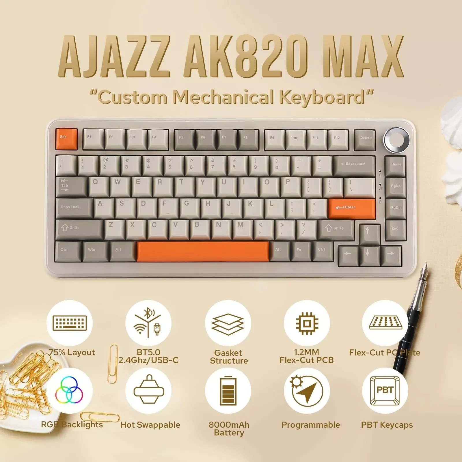 AJAZZ AK820 MAX PLUS Gaming Mechanische Tastatur Hot-Swappable 8000mAh Akku Programmierbare PBT-Tastenkappen Bluetooth 5.0 / Kabellos
