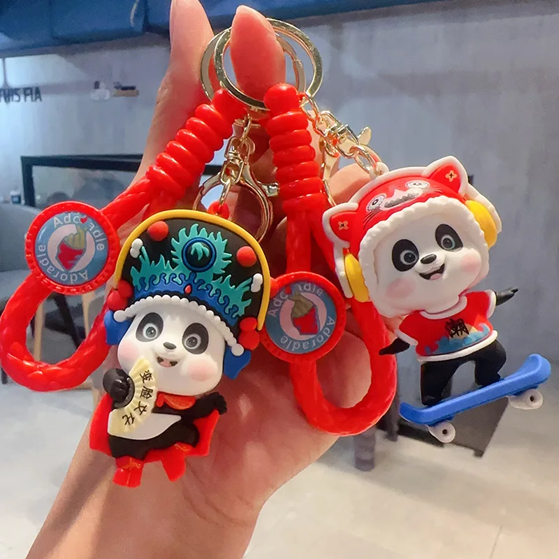 New Cartoon Lovely Beijing Opera Waking Lion Panda Doll Keychain Girls Cute Personality Creative Schoolbag Decoration Pendant