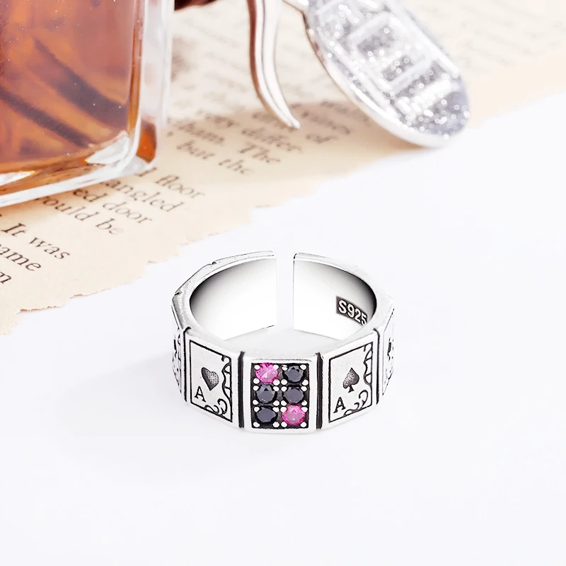 

Sole Memory Retro Zircon Playing Cards Good Luck 925 Sterling Silver Female Resizable Opening Rings RI1070