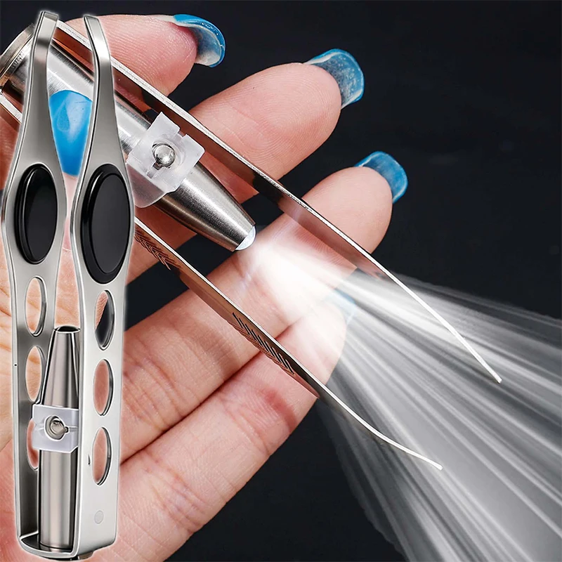 1 個ポータブルステンレス鋼眉毛ピンセットボタン電池スマートデザイン眉毛脱毛ピンセット LED ライト付きメイクアップツール