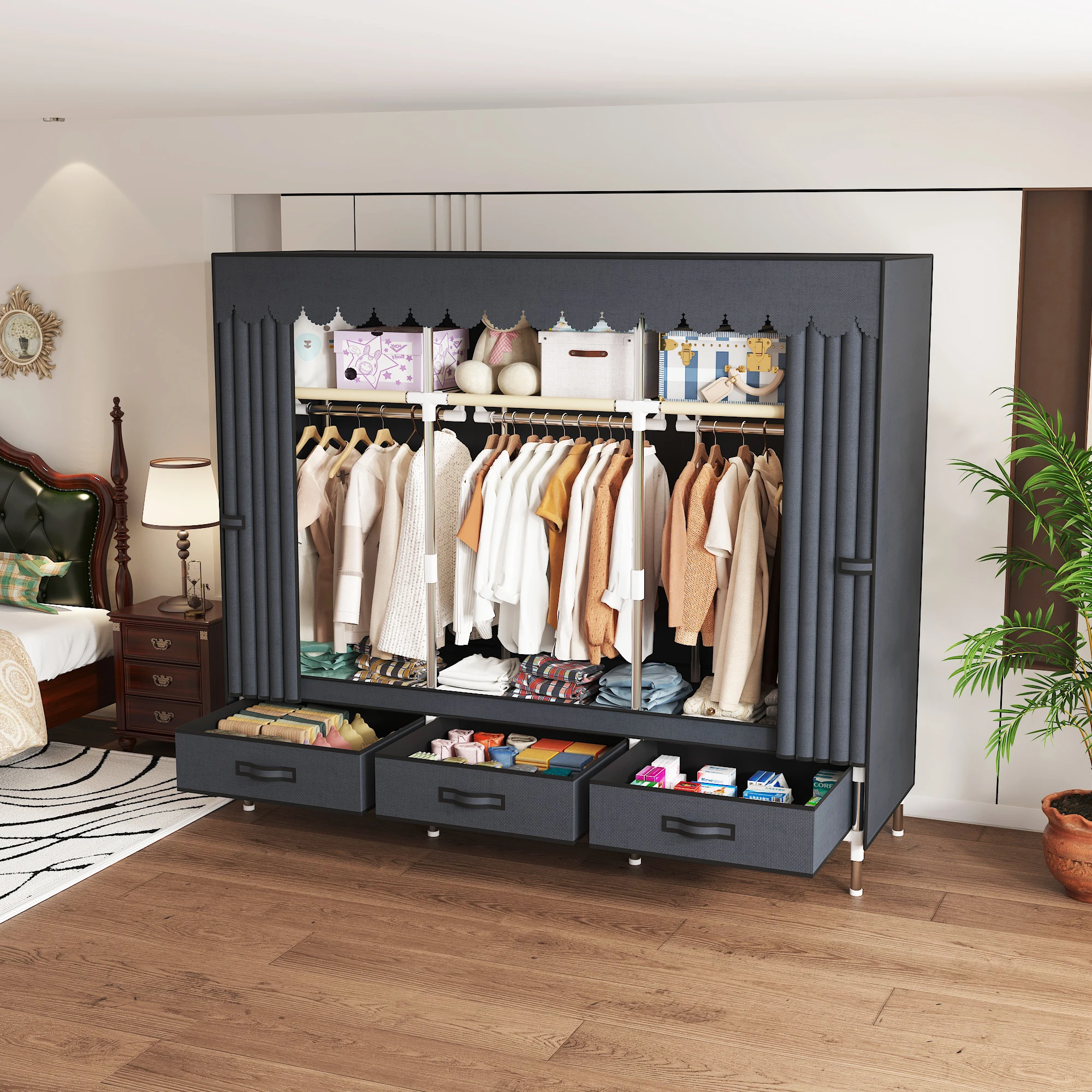 Simple Open Closets, A Space-Saving Portable Wardrobe, Durable, with Hanging Shelves, Space-Saving and Dust-Proof