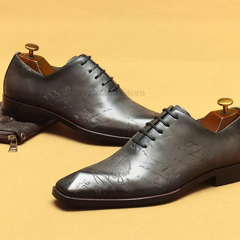 HKDQ High Quality Mens Italy Dress Shoes Genuine Leather Carving Handmade Square Head Oxfords Men Shoes Wedding Formal Shoe