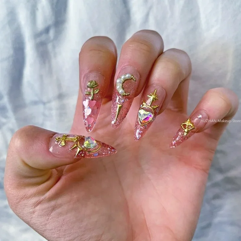 Uñas postizas hechas a mano Y2K rosa brillante con pegamento, uñas postizas reutilizables, ataúd de almendra, puntas de diamantes de imitación, prensa en uñas, manicura DIY