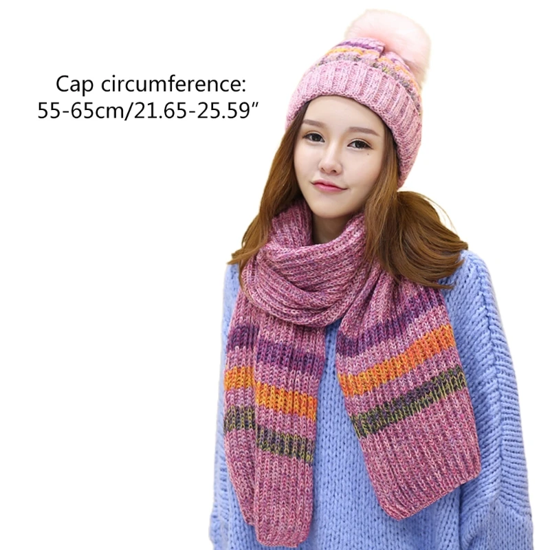 Women Winter Crochet Knitted 2 Pieces Beanie Hat Long Scarf Shawl Wrap Set Contrast Colored Striped Thick Plush Lined