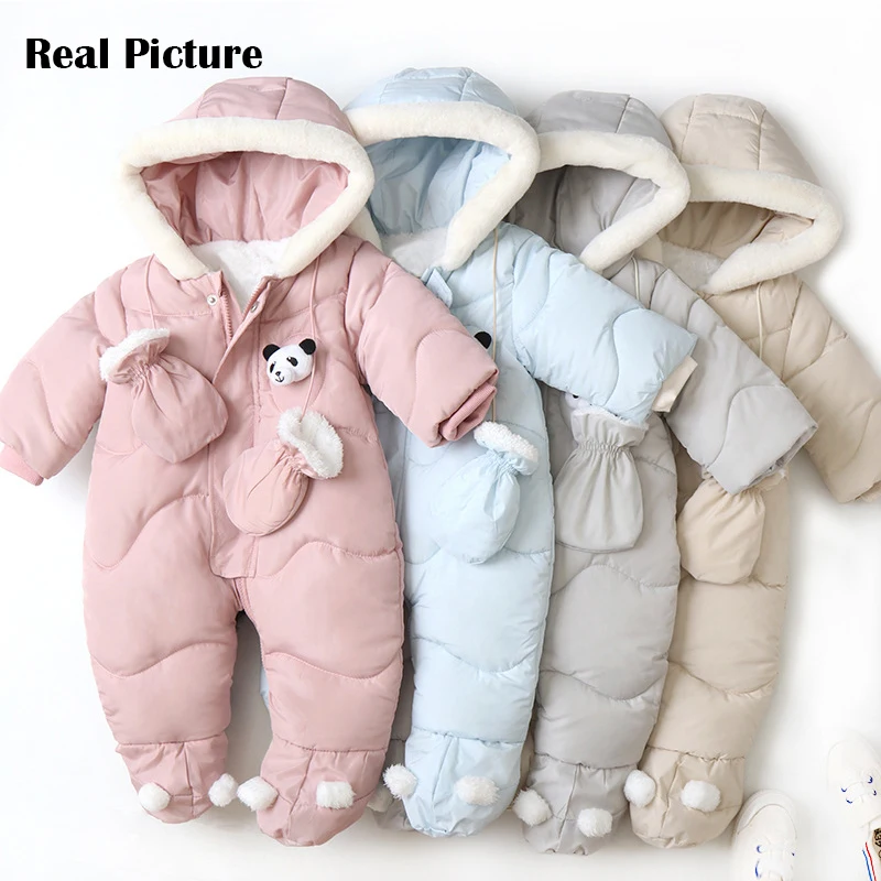 Winter Newborn Baby Romper Warm Panda Boy Jumpsuit With Gloves Cotton Plus Velvet Infant Clothing Hooded Baby Girl Clothes 0-18M