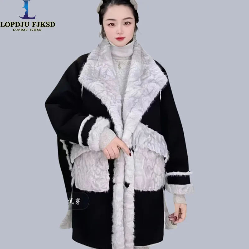 Faux  Fur Coat for Women,Two-Sided Jacket,Female Clothes,Turn-down Collar Outwear,Loose,Korea,Thicken,New,Winter,2025