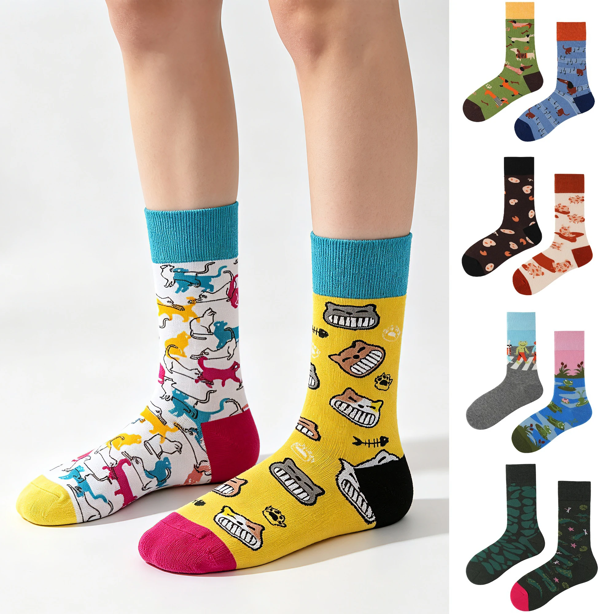 Original AB Colorful Cotton Crew Socks Men Women Creative Cartoon Cat Frog Dachshund Funny Animals Asymmetric Mid‑Calf Socks