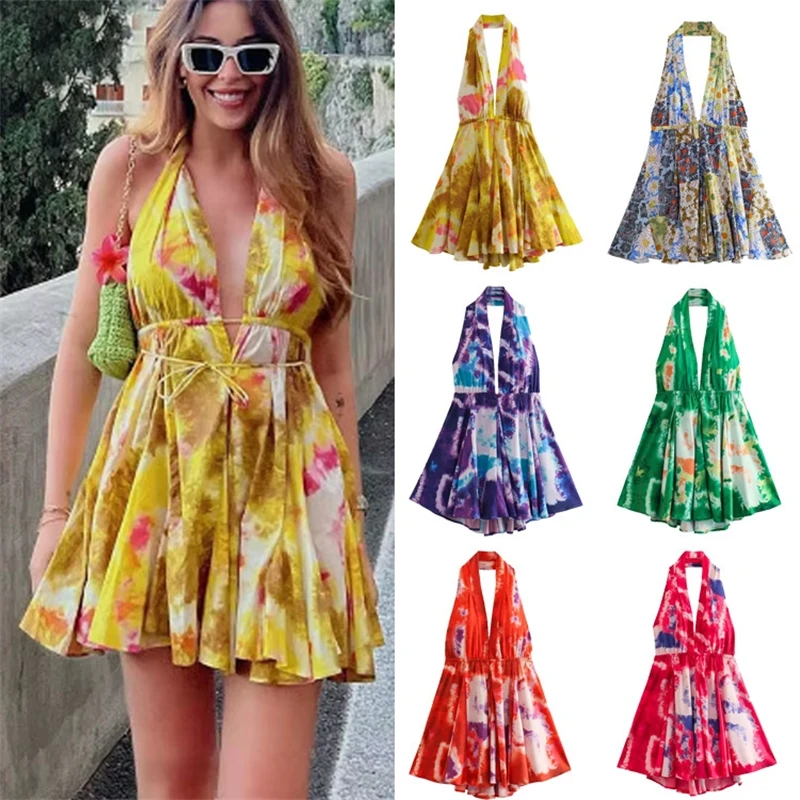 

Weird Puss Tie-Dye Print Dress Women Halter Low-Neck Bandage Backless Ruffles Hem Sweet Girl Vacation Elegant Trend Mini Bodycon