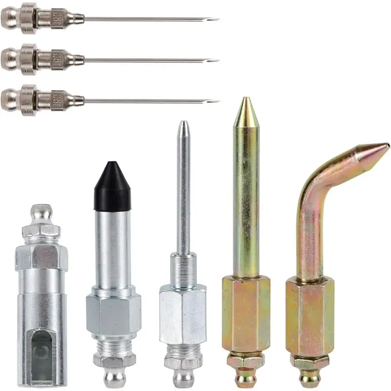 

B84B-Набор аксессуаров для смазки (8 шт.), включает 3 насадки для смазки, дозатор 1 игла, ниппель с резиновым наконечником, прямой и изогнутый адаптер