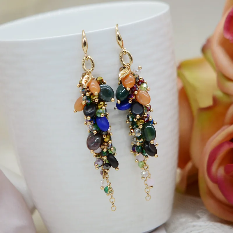 2025 New Drop Shape Long Tassel Earrings Ethnic Style Exaggerated Glass Crystal Earrings Bohemian Accessories for Women