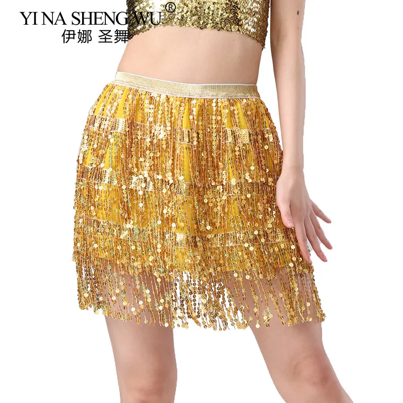Sexy Women Belly Dance 4-layer Sequins Tassel Skirts Elegant Mid-rise Solid Slimming Skirt Latin Dance Stage Performance Outfits