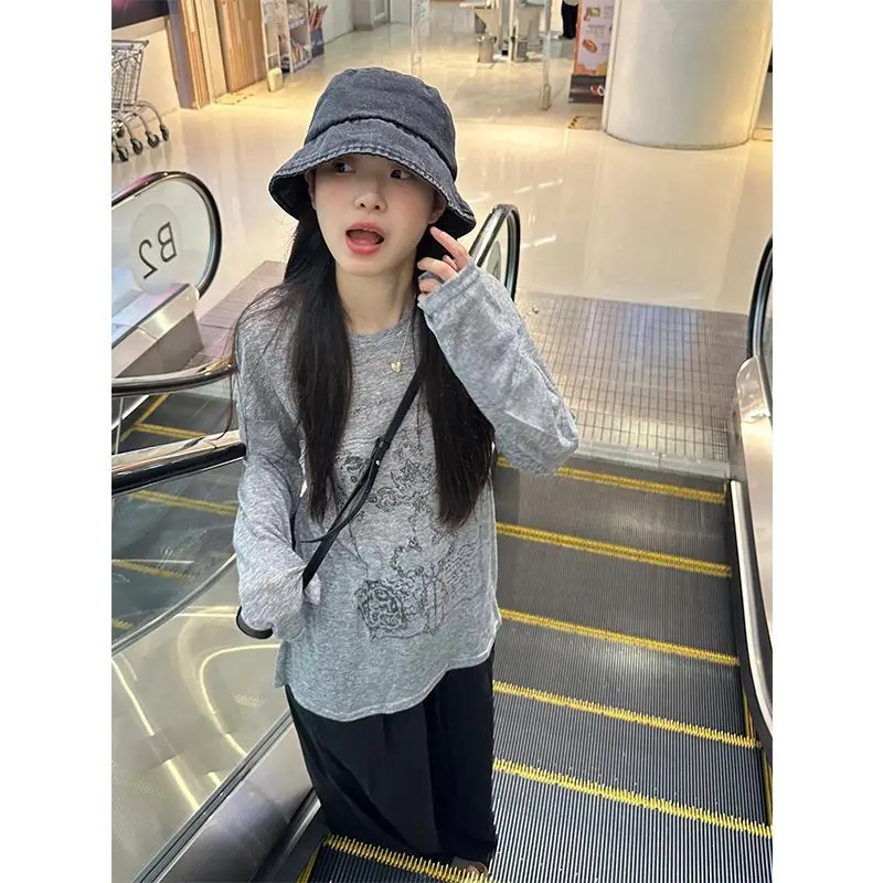 تي شيرت نسائي بأكمام طويلة، قطع علوية شبكية بسيطة، مريحة ومسامية للشتاء، يوميًا، كاجوال ياباني جمالي، شبابي